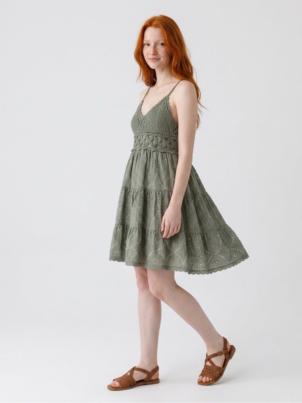 Crochet Bodice Olive Mini Sundress